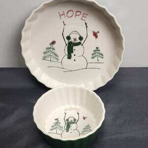 Nantucket Christmas Green Pie & Dip Stoneware HOPE Snowmen Matching 2 pc. Set